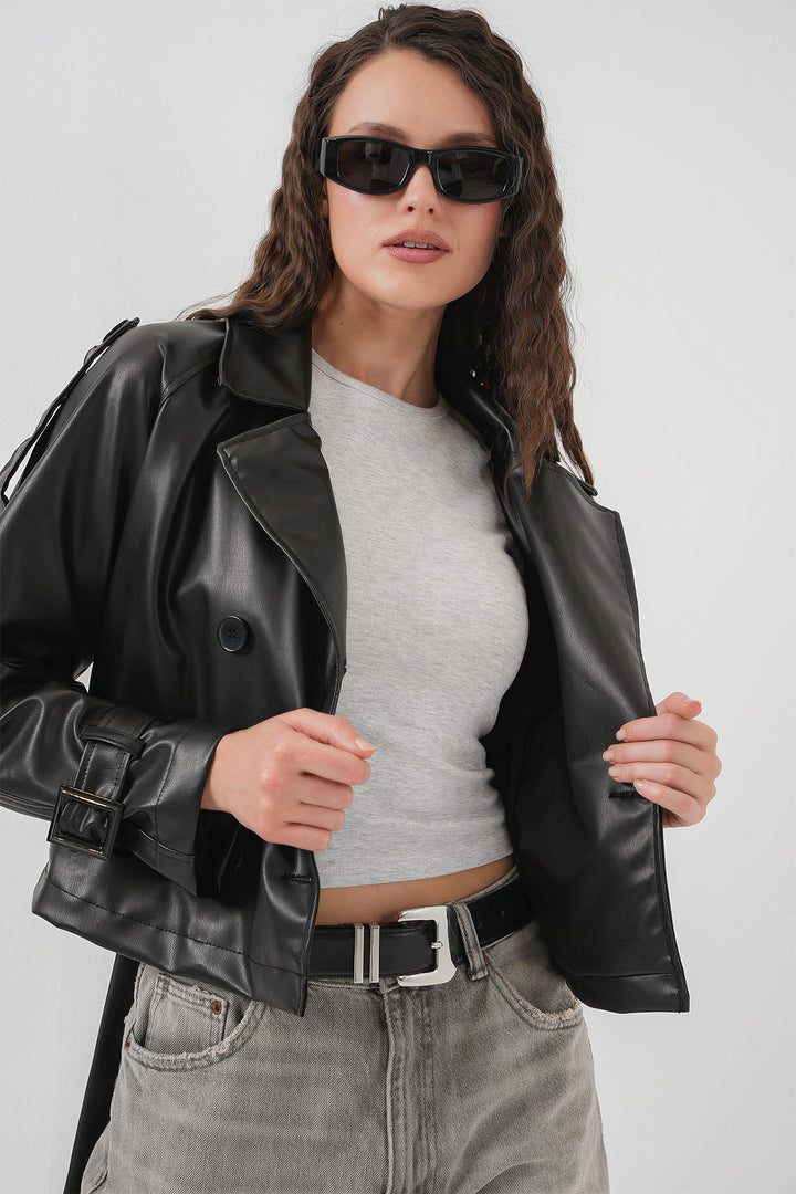 BGD Women Women's Belted Faux Leather Jacket 1046 - Black - Kenosha