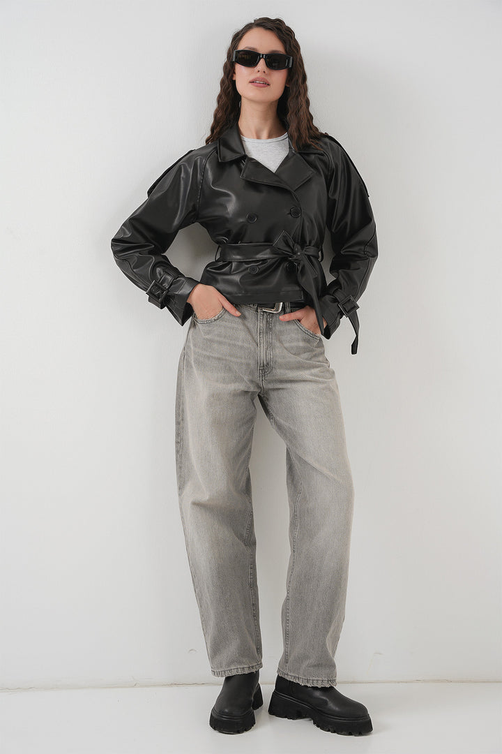 BGD Women Women's Belted Faux Leather Jacket 1046 - Black - Kenosha
