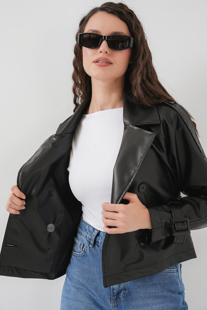 BGD Women Women's Belted Faux Leather Jacket 1046 - Black - Kenosha