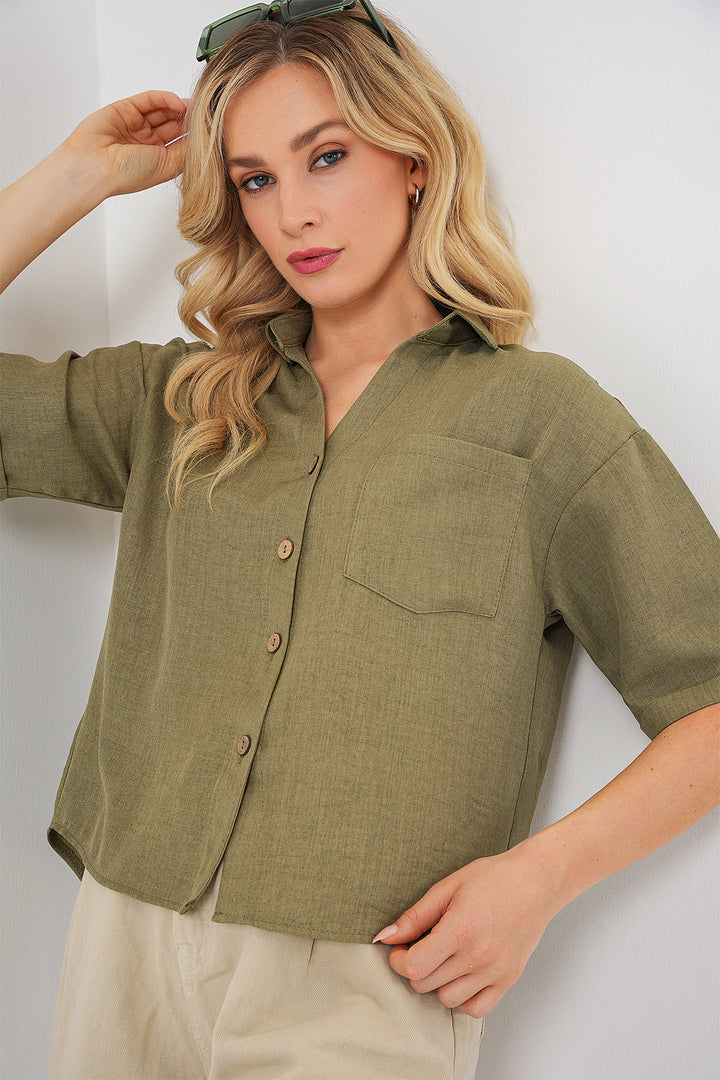 BGD Women Women's Linen-Look Crop Shirt 20339 - Chartreuse - Carmen