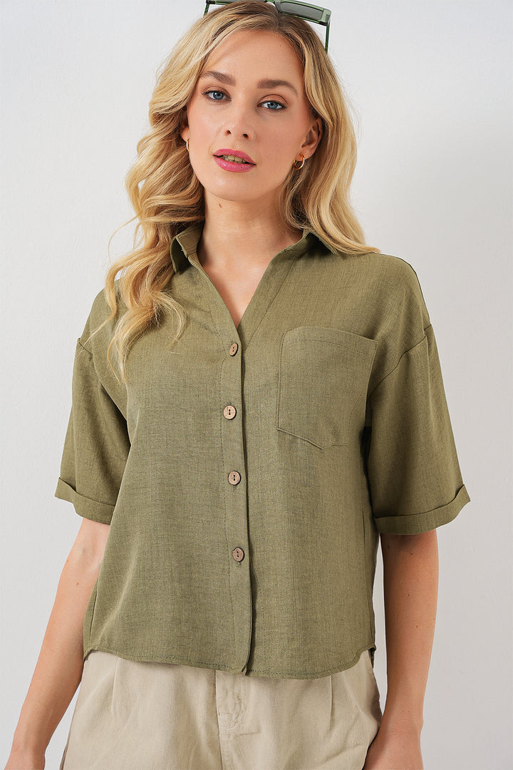 BGD Women Women's Linen-Look Crop Shirt 20339 - Chartreuse - Carmen