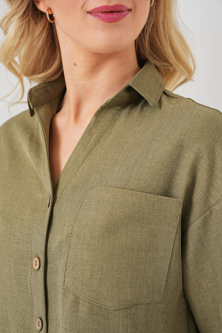 BGD Women Women's Linen-Look Crop Shirt 20339 - Chartreuse - Carmen