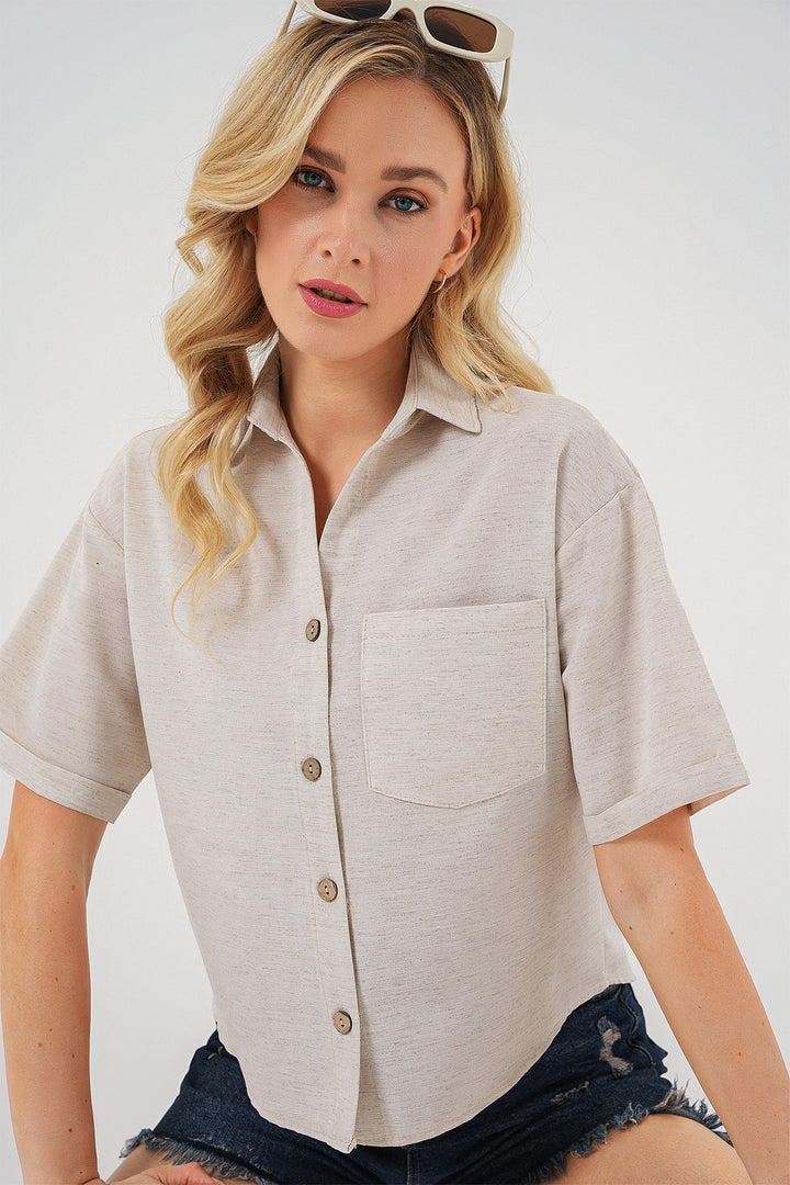 BGD Women Women's Linen-Look Crop Shirt 20339 - Cream - Dublin