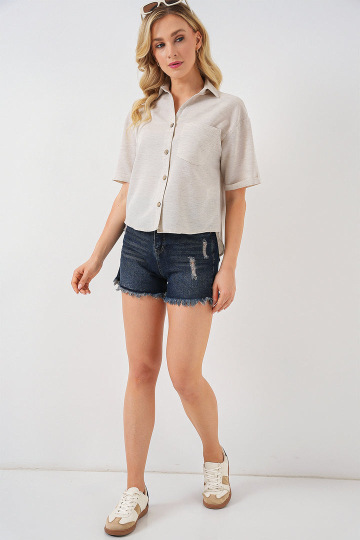 BGD Women Women's Linen-Look Crop Shirt 20339 - Cream - Dublin