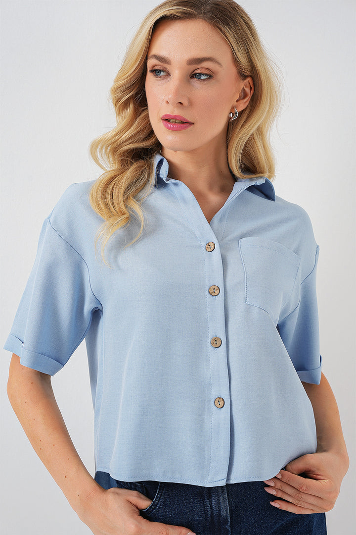 BGD Women Women's Linen-Look Crop Shirt 20339 - Blue - Aliso Viejo