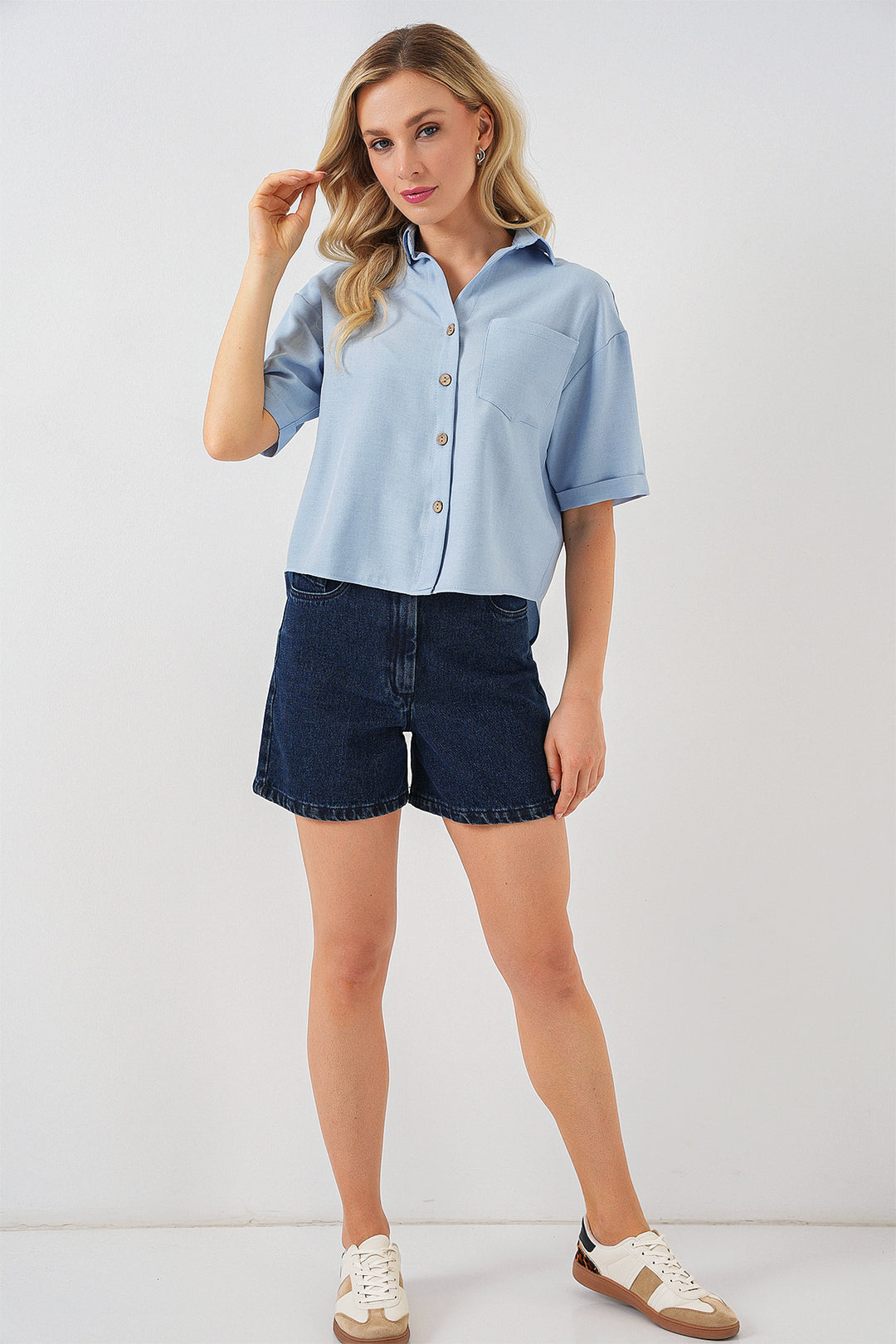 BGD Women Women's Linen-Look Crop Shirt 20339 - Blue - Aliso Viejo