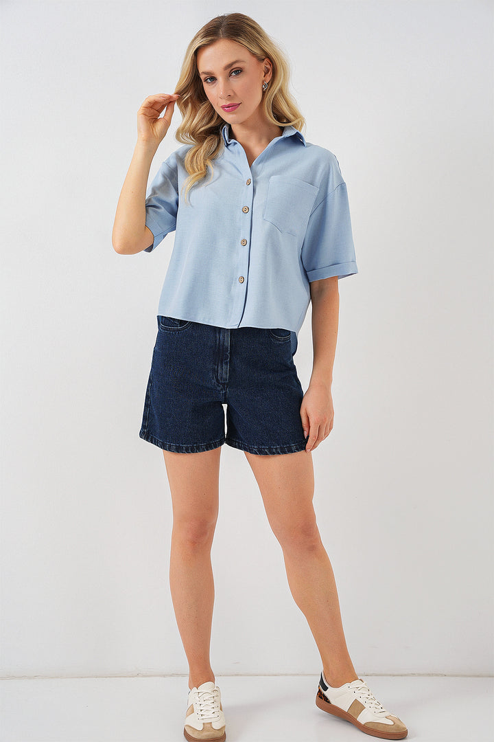 BGD Women Women's Linen-Look Crop Shirt 20339 - Blue - Aliso Viejo