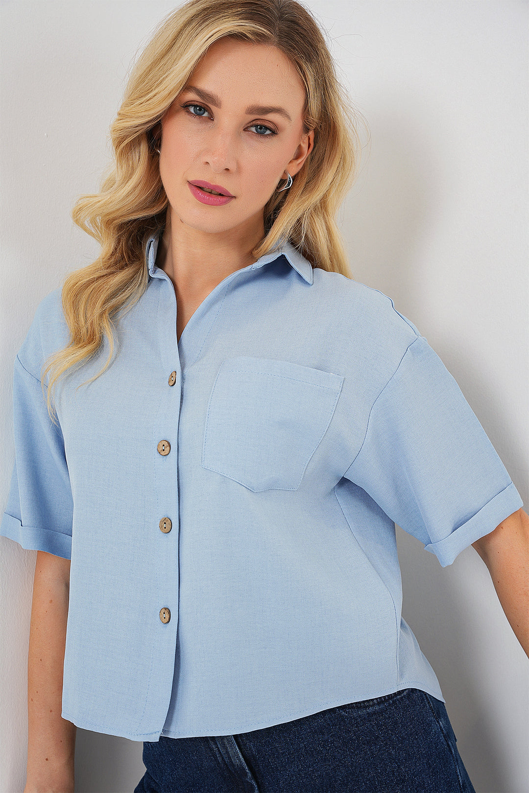 BGD Women Women's Linen-Look Crop Shirt 20339 - Blue - Aliso Viejo