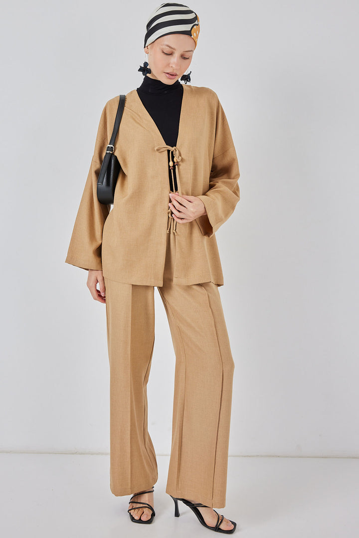 BGD Women Women's Linen Kimono Two-Piece Set 6727 - Biscuit - Santa Ana Chiautempan