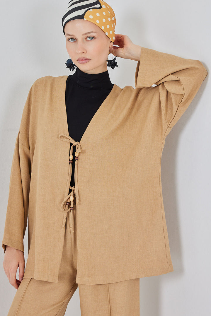 BGD Women Women's Linen Kimono Two-Piece Set 6727 - Biscuit - Santa Ana Chiautempan