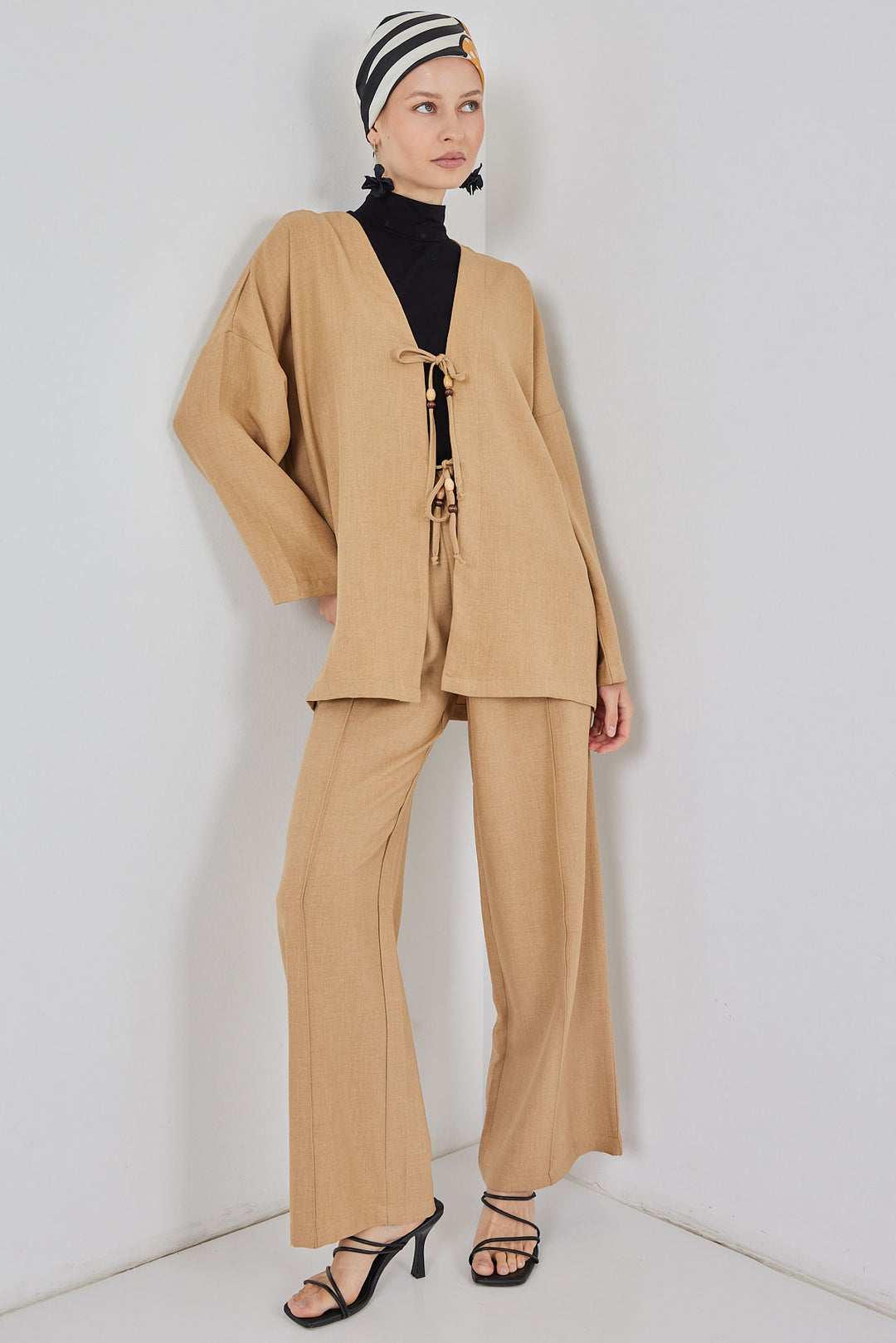BGD Women Kadın Keten Kimono İkili Takım 6727 - Bisküvi - Zutphen