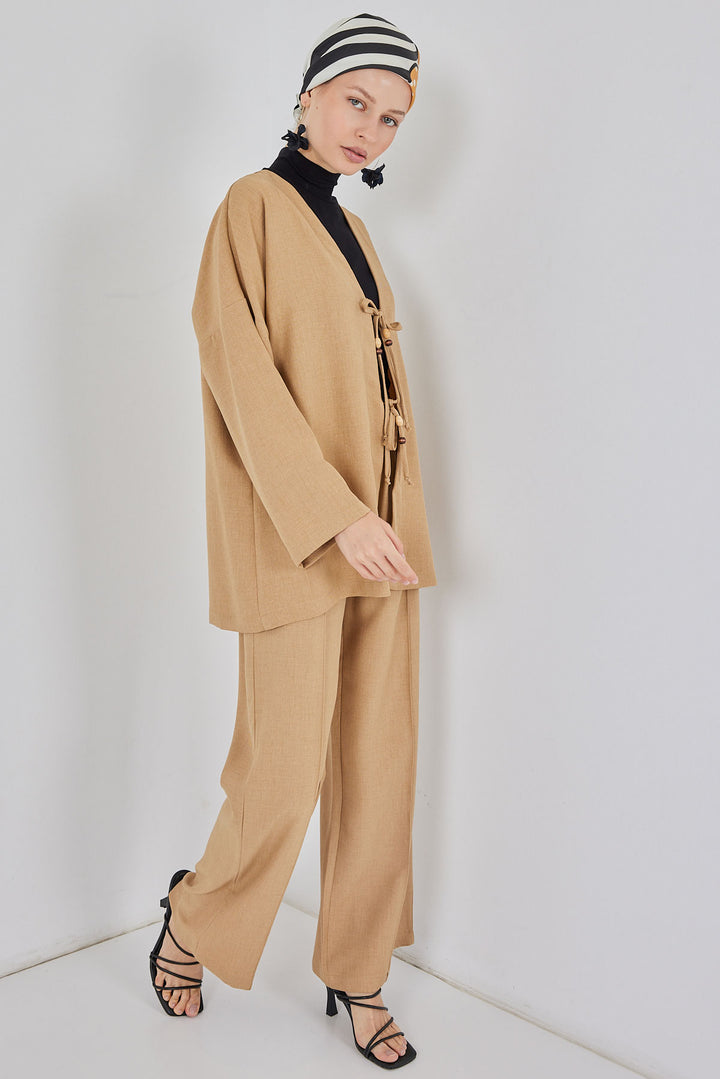 BGD Women Women's Linen Kimono Two-Piece Set 6727 - Biscuit - Santa Ana Chiautempan