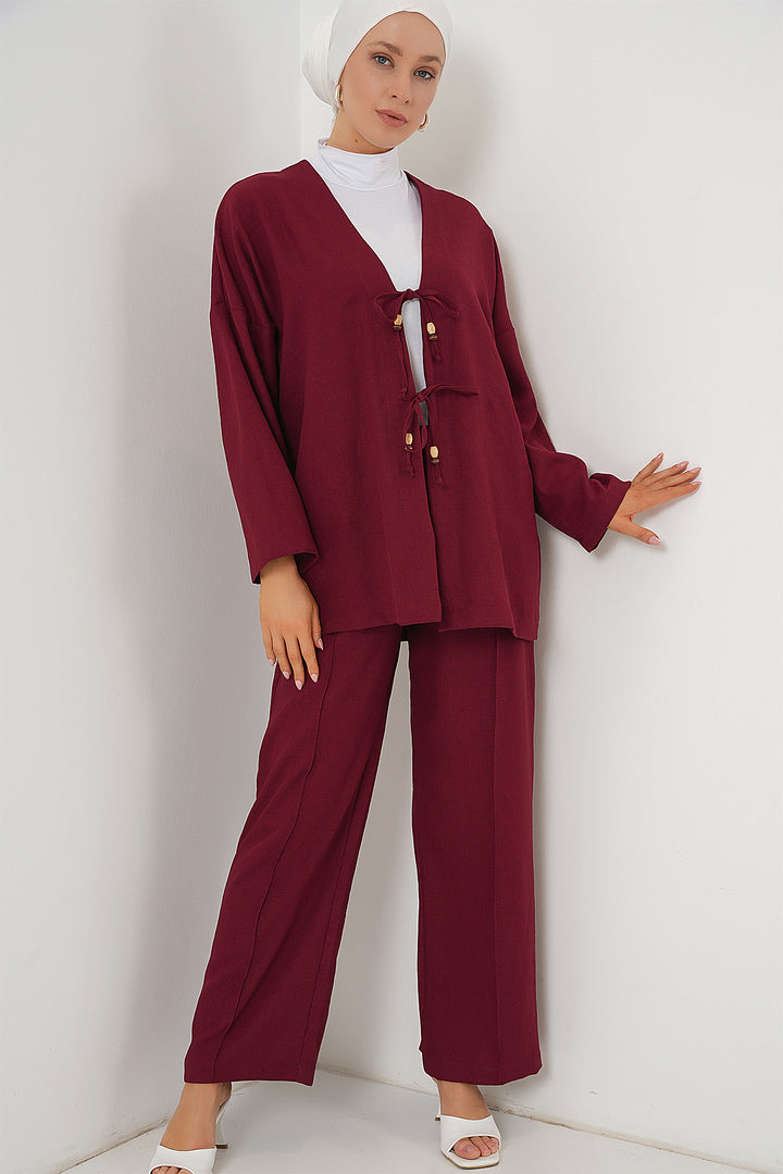 BGD Women Woman Linen Kimono Set 6727 - Burgundy - Ixtlahuacán de los Membrillos