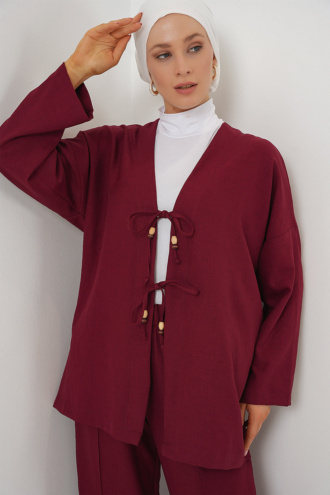BGD Women Woman Linen Kimono Set 6727 - Burgundy - Ixtlahuacán de los Membrillos