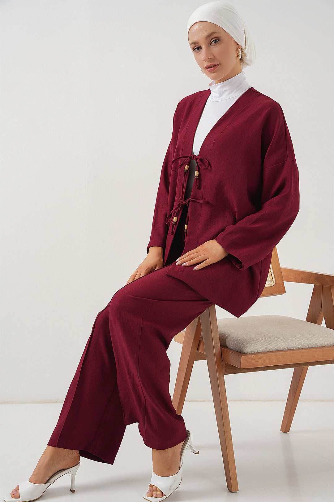 BGD Women Woman Linen Kimono Set 6727 - Burgundy - Ixtlahuacán de los Membrillos