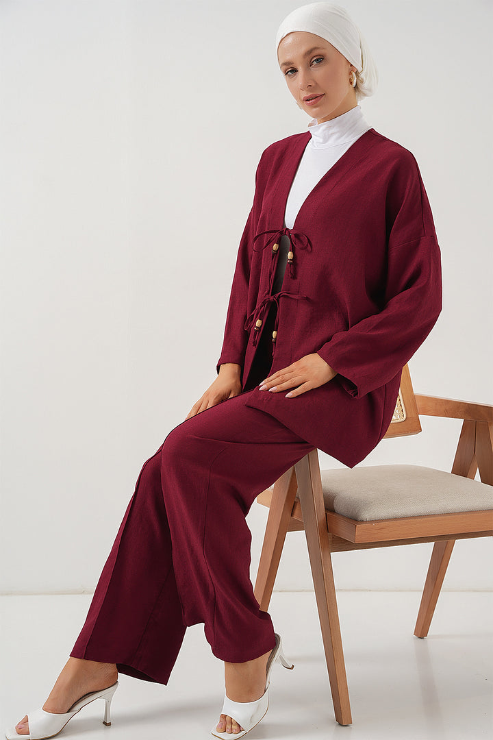 BGD Women Woman Linen Kimono Set 6727 - Burgundy - Ixtlahuacán de los Membrillos