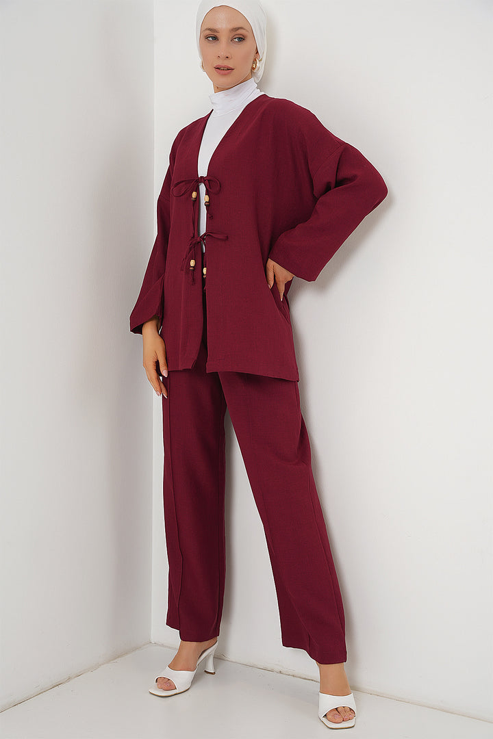 BGD Women Woman Linen Kimono Set 6727 - Burgundy - Ixtlahuacán de los Membrillos