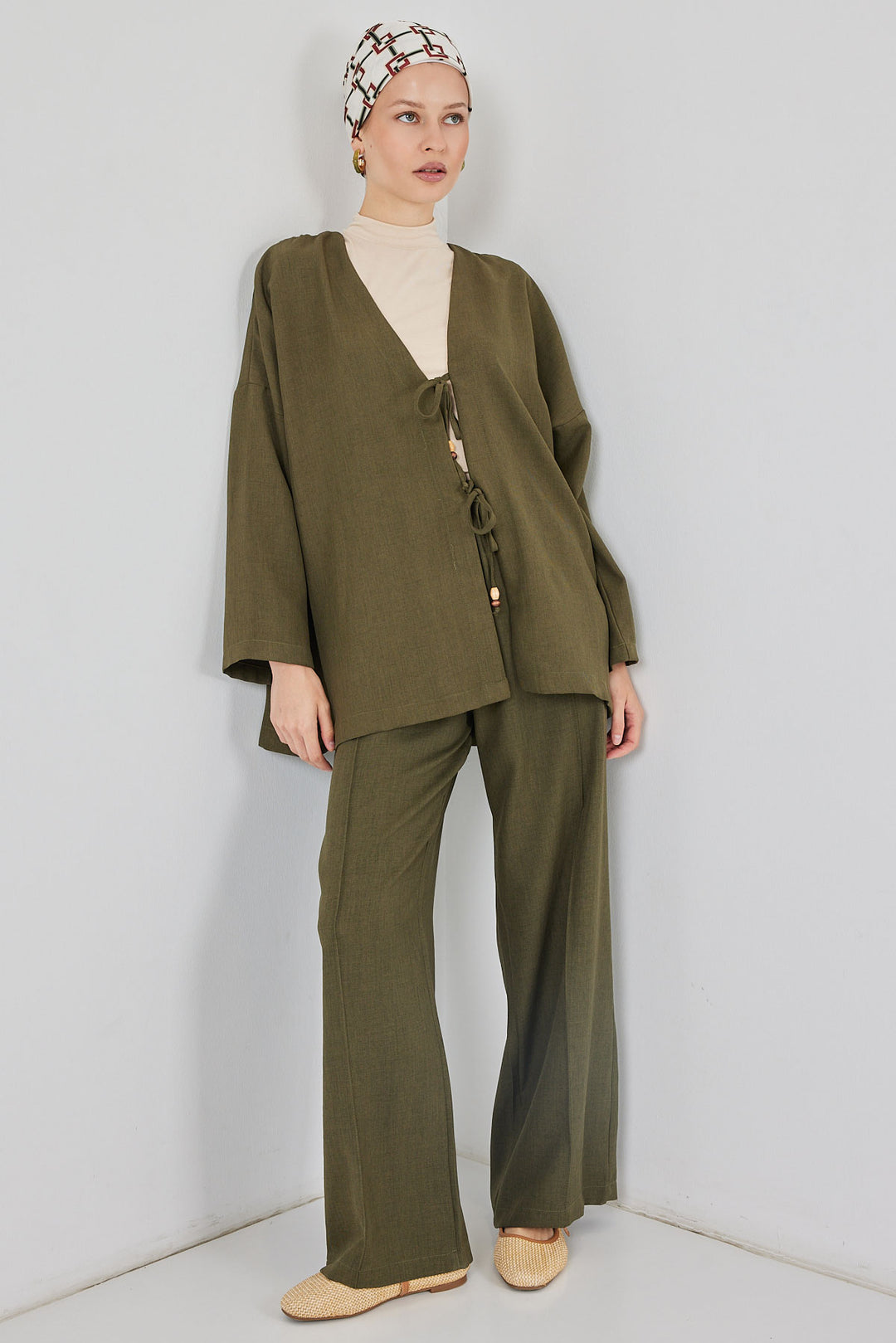 BGD Women Kadın Keten Kimono İkili Takım 6727 - Haki - Oakland