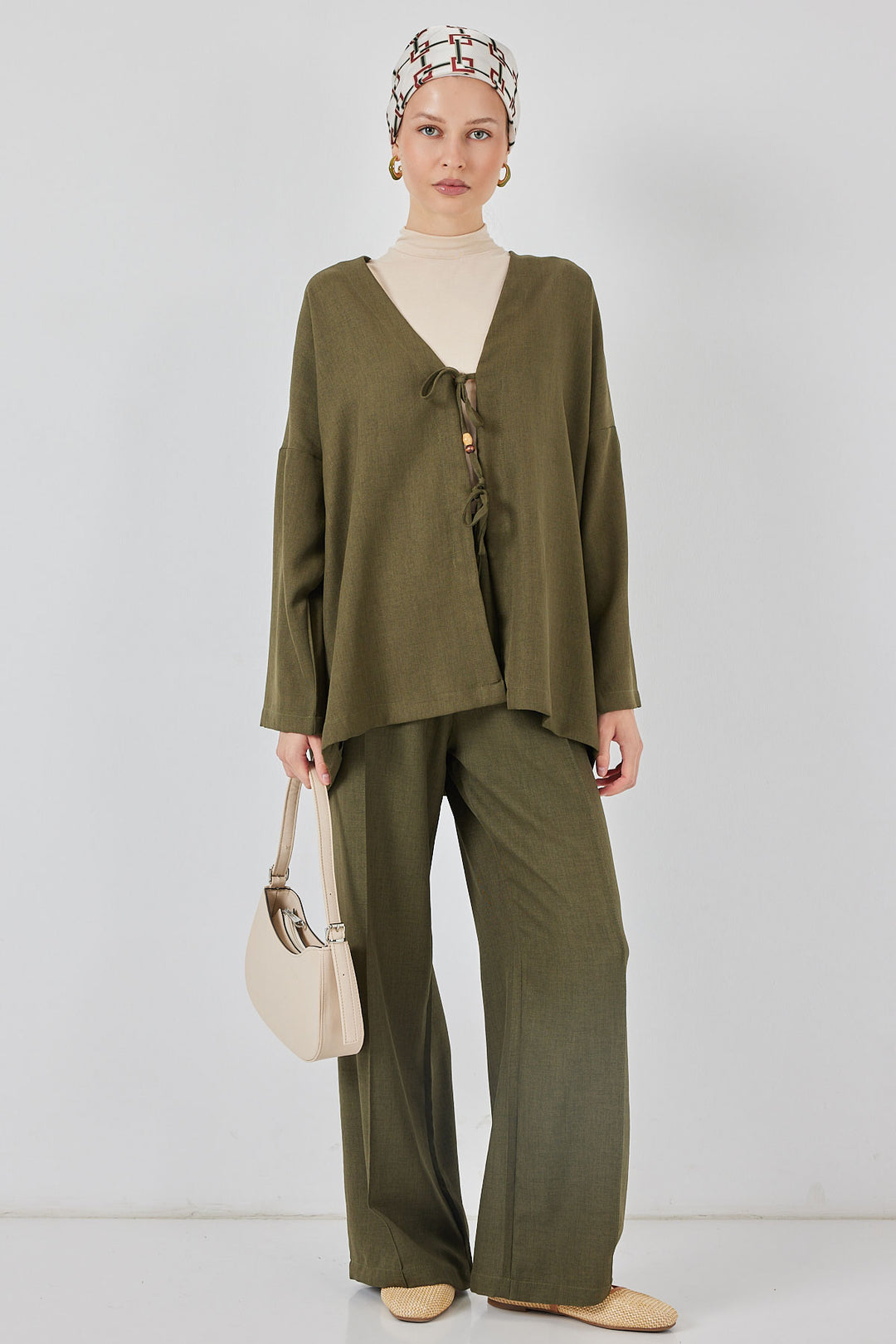 BGD Women Kadın Keten Kimono İkili Takım 6727 - Haki - Oakland