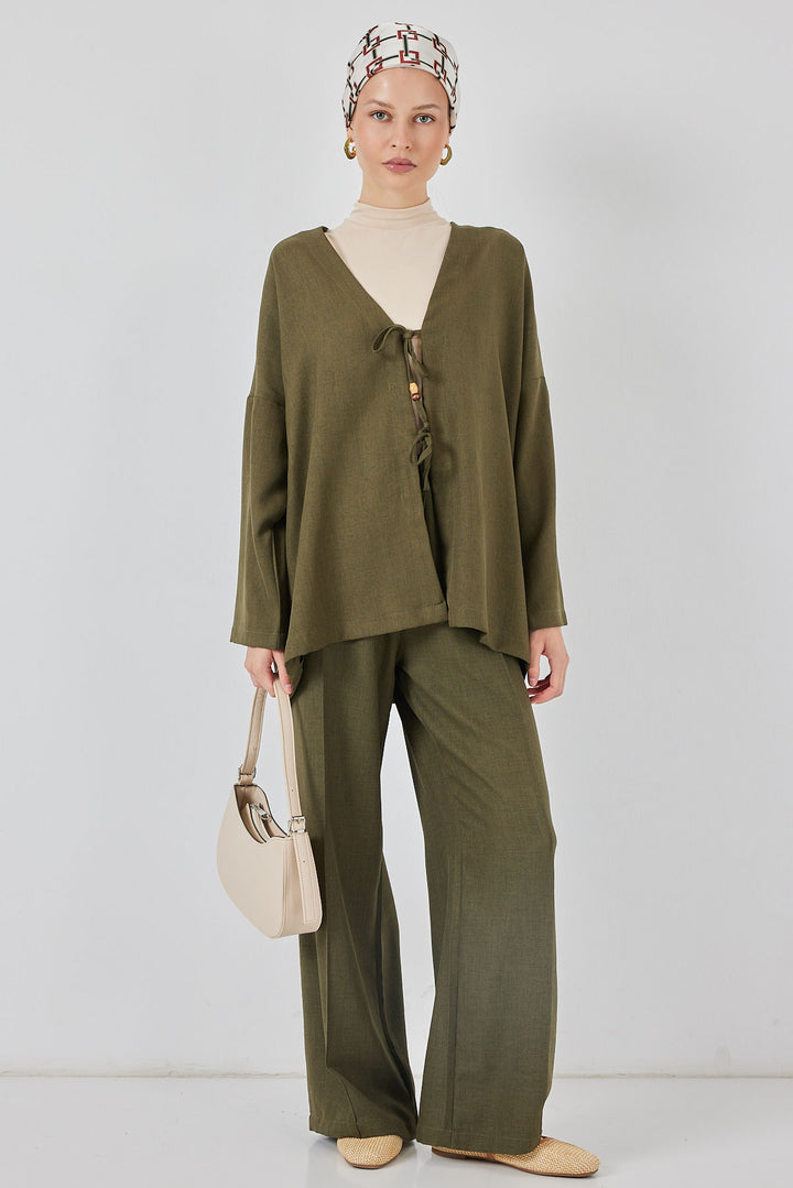BGD Women Kadın Keten Kimono İkili Takım 6727 - Haki - Oakland
