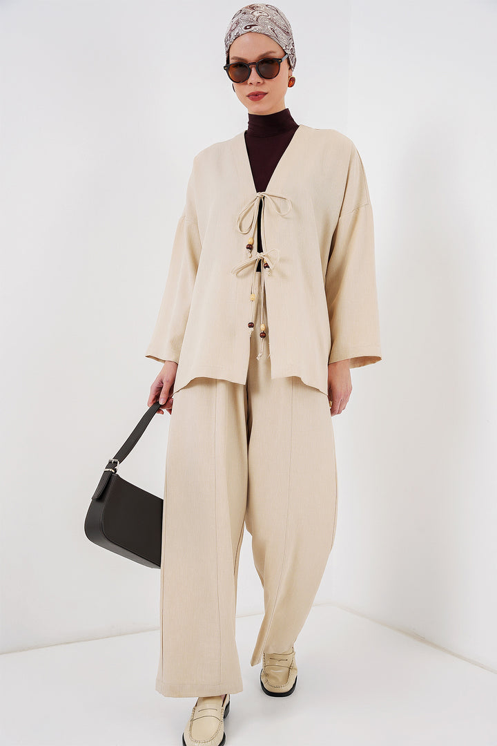 BGD Women Women's Linen Kimono Set 6727 - Cream - Mixquiahuala de Juarez