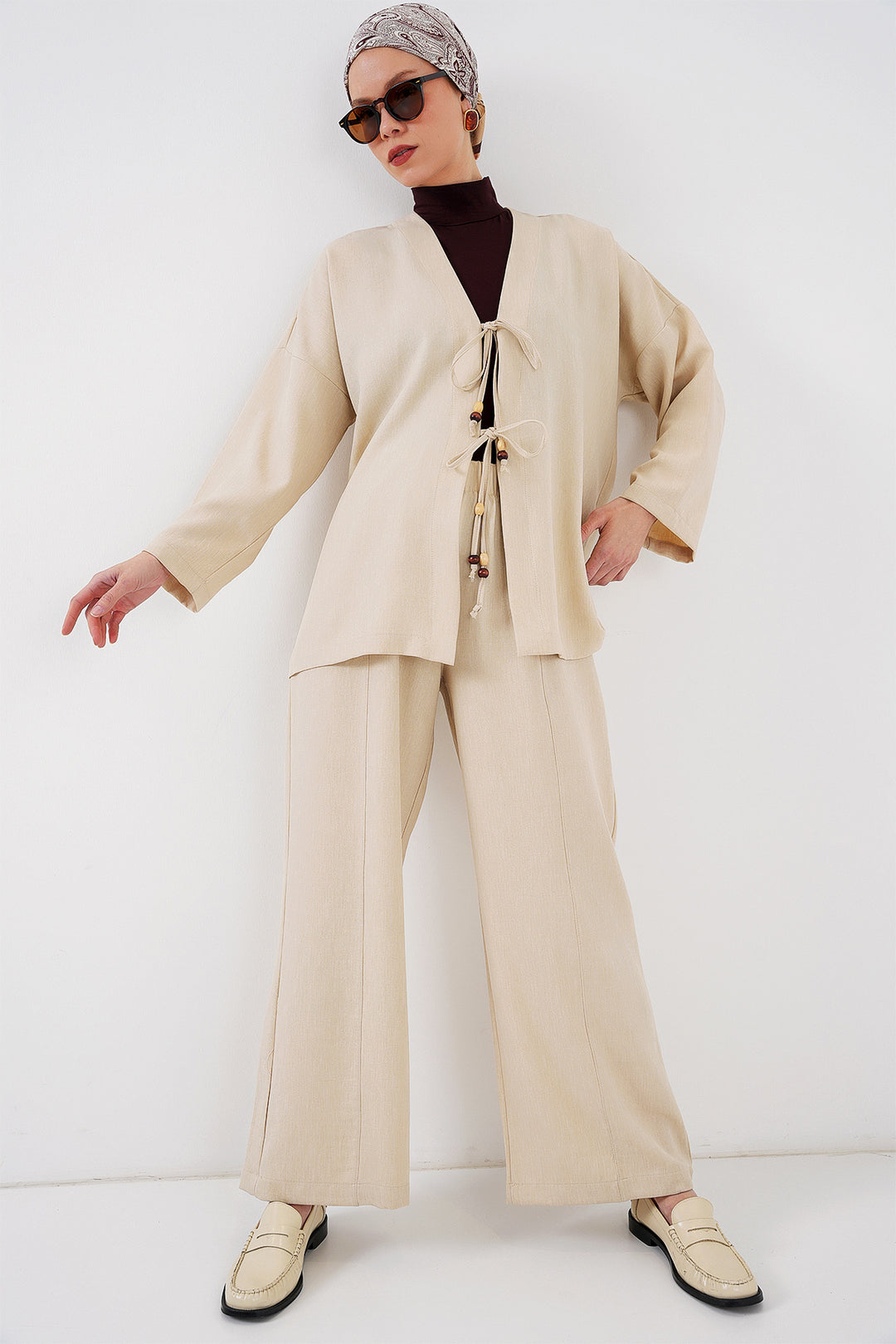 BGD Women Women's Linen Kimono Set 6727 - Cream - Mixquiahuala de Juarez