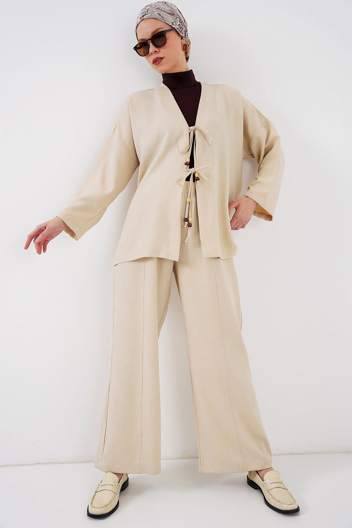 BGD Women Women's Linen Kimono Set 6727 - Cream - Mixquiahuala de Juarez