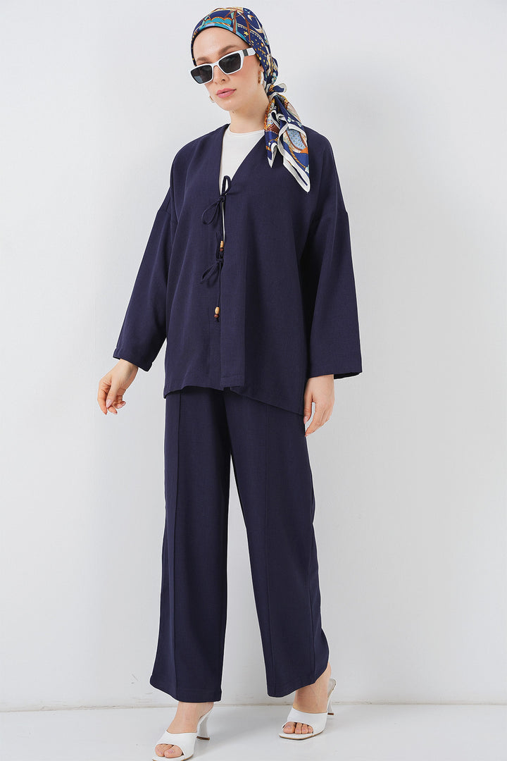 BGD Women Women's Linen Kimono Set 6727 - Navy Blue - Foothill Farms