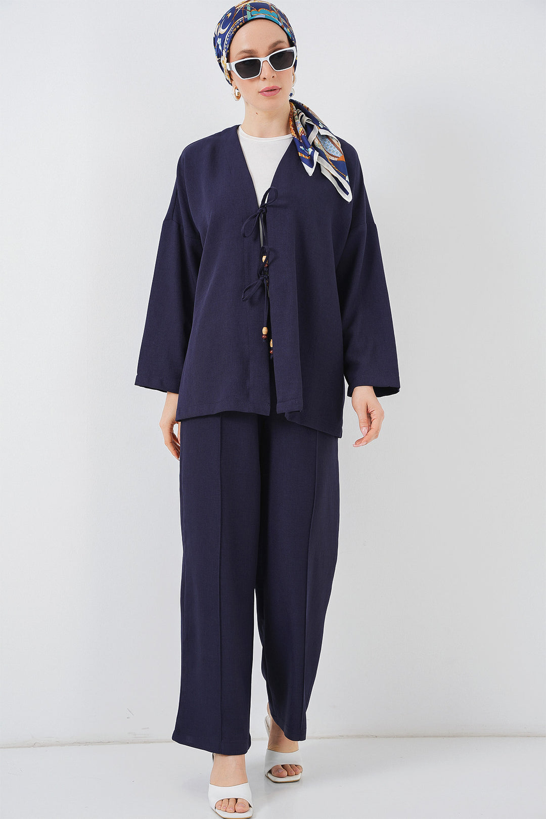 BGD Women Women's Linen Kimono Set 6727 - Navy Blue - Foothill Farms