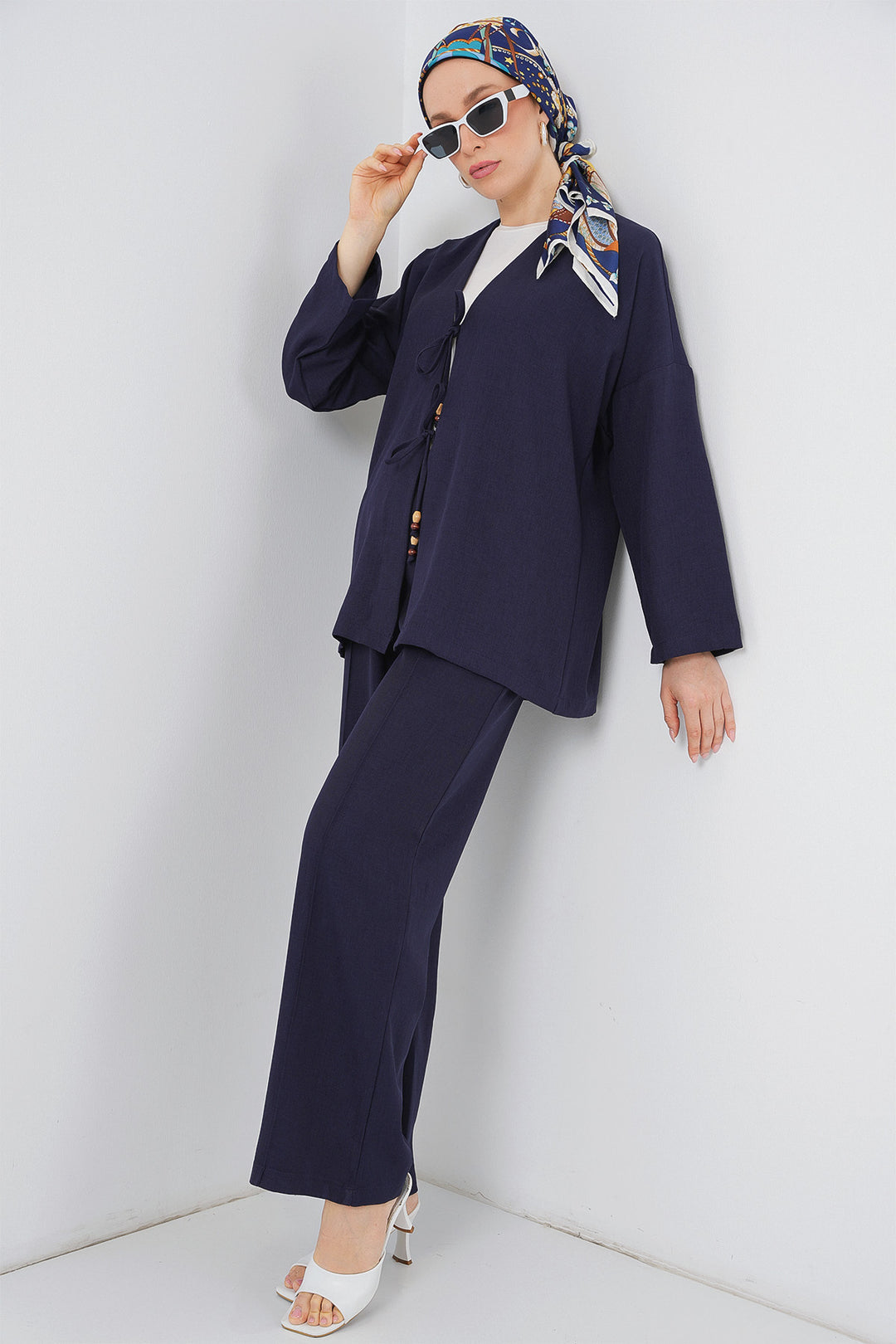 BGD Women Women's Linen Kimono Set 6727 - Navy Blue - Foothill Farms
