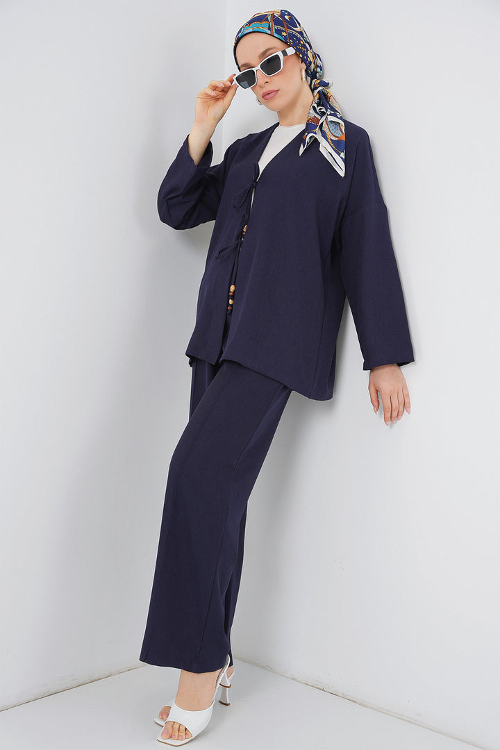 BGD Women Women's Linen Kimono Set 6727 - Navy Blue - Foothill Farms