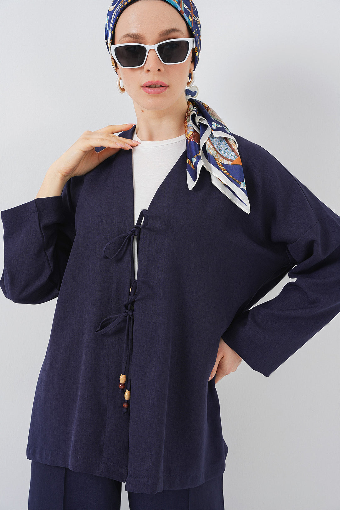 BGD Women Women's Linen Kimono Set 6727 - Navy Blue - Foothill Farms
