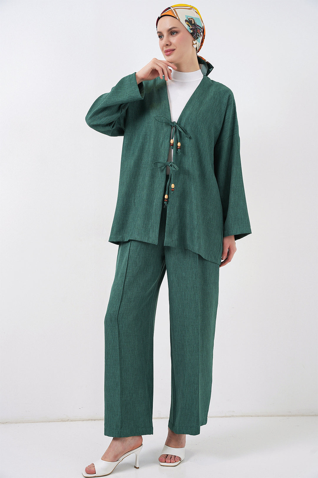 BGD Women Women's Linen Kimono Set 6727 - Emerald Green - Brentwood
