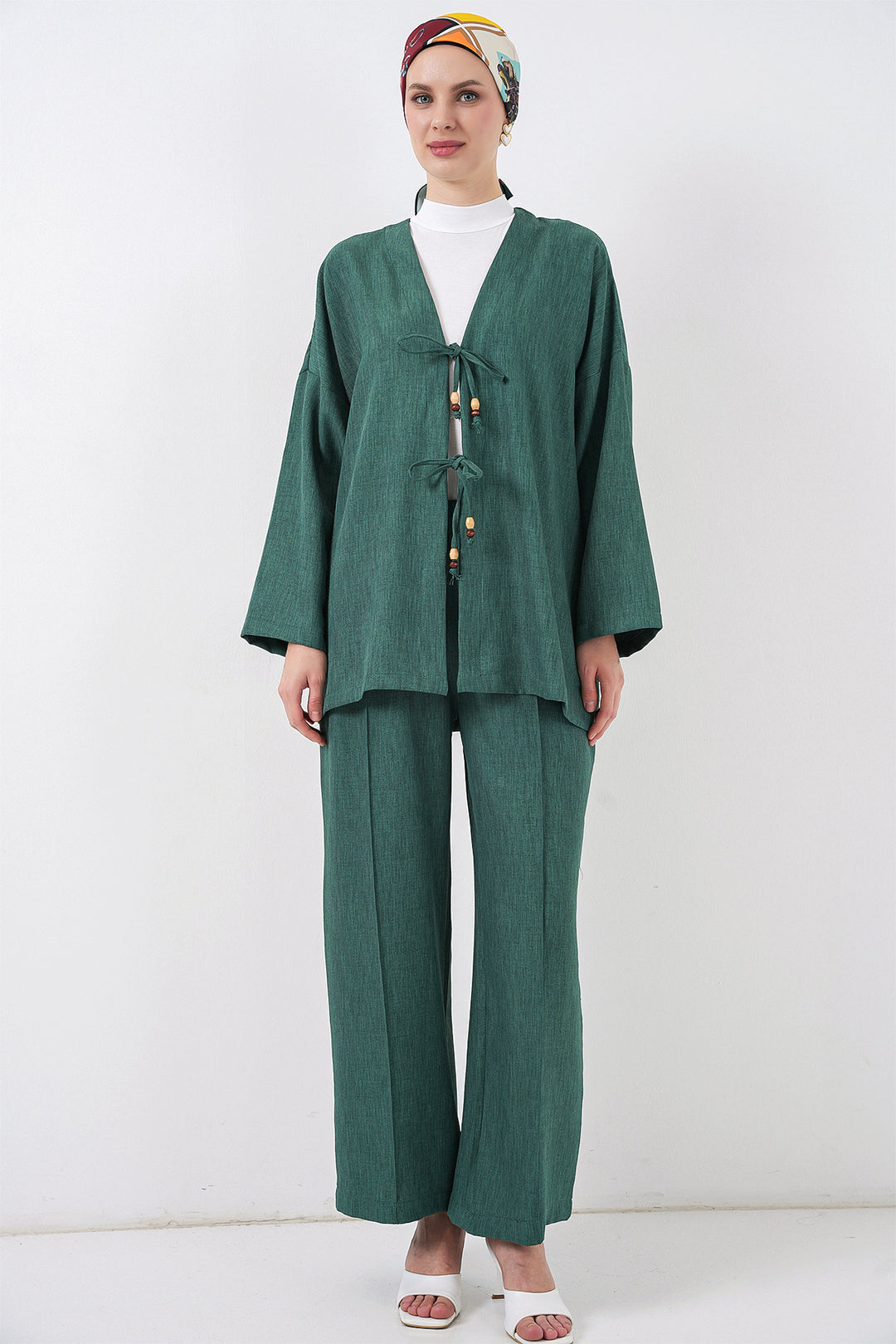 BGD Women Women's Linen Kimono Set 6727 - Emerald Green - Brentwood