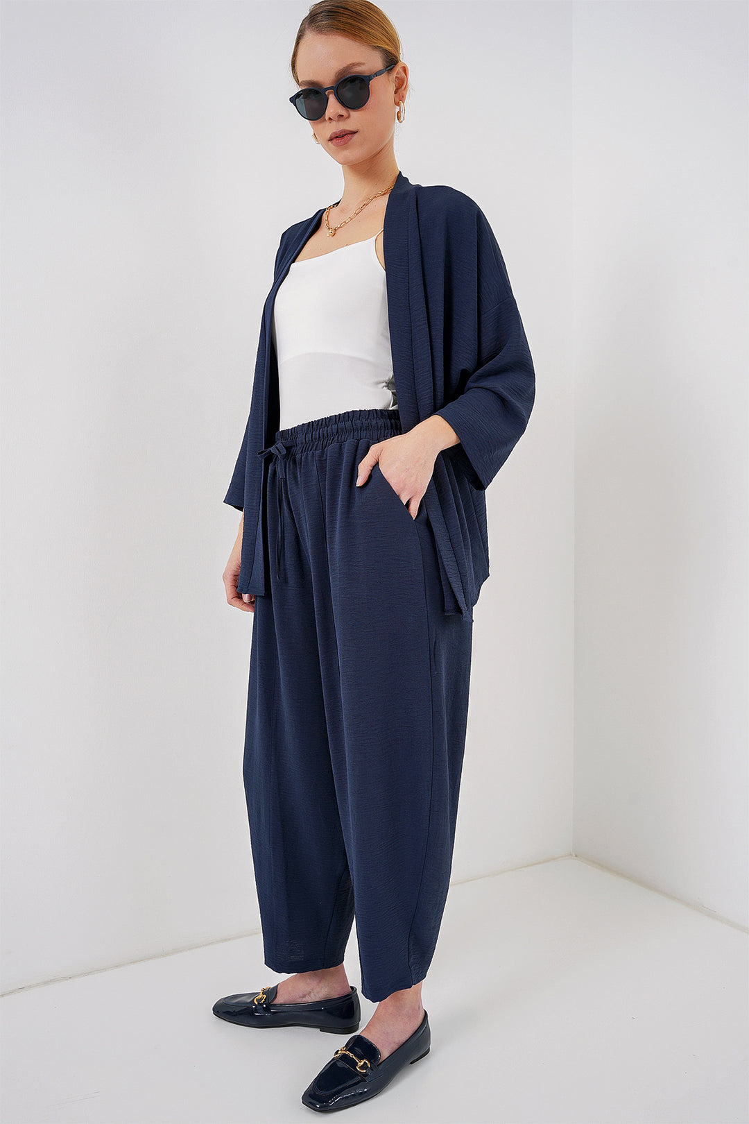BGD Women Women's Kimono Two-Piece Set 6693 - Navy Blue - Bragadiru