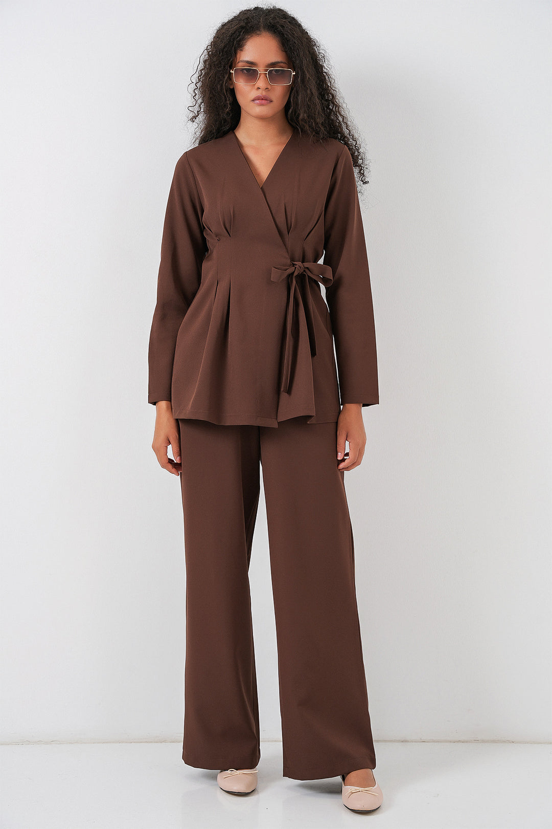 BGD Women Kadın Kimono Pantolon Kumaş Takım 30054 - Kahverengi - Seattle
