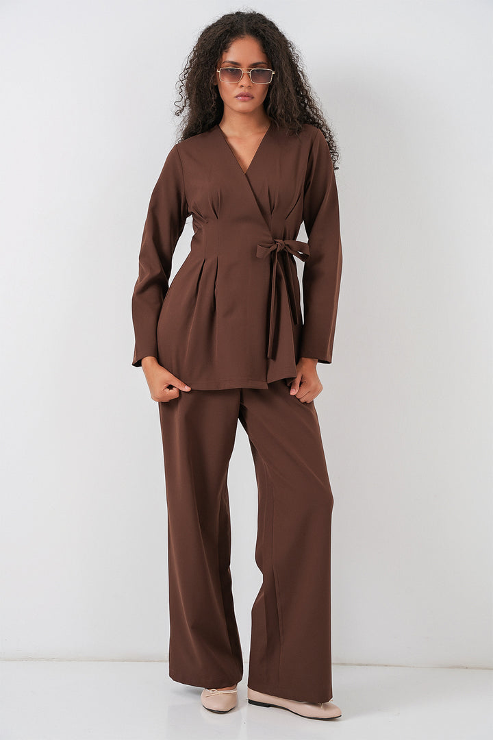 BGD Women Kadın Kimono Pantolon Kumaş Takım 30054 - Kahverengi - Seattle