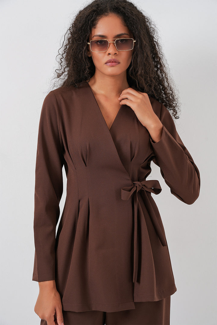 BGD Women Kadın Kimono Pantolon Kumaş Takım 30054 - Kahverengi - Seattle