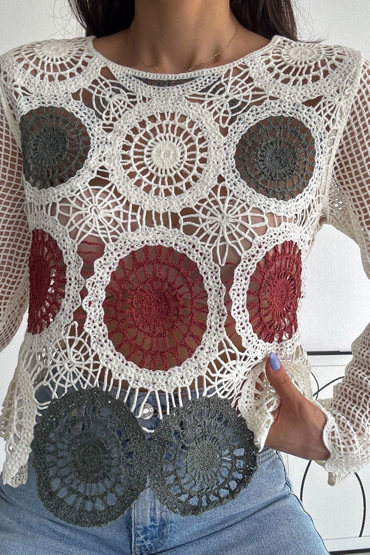 Kiremit-Yeşil Tığ Işi Standart Beden Dantel Bluz - L’Aquila