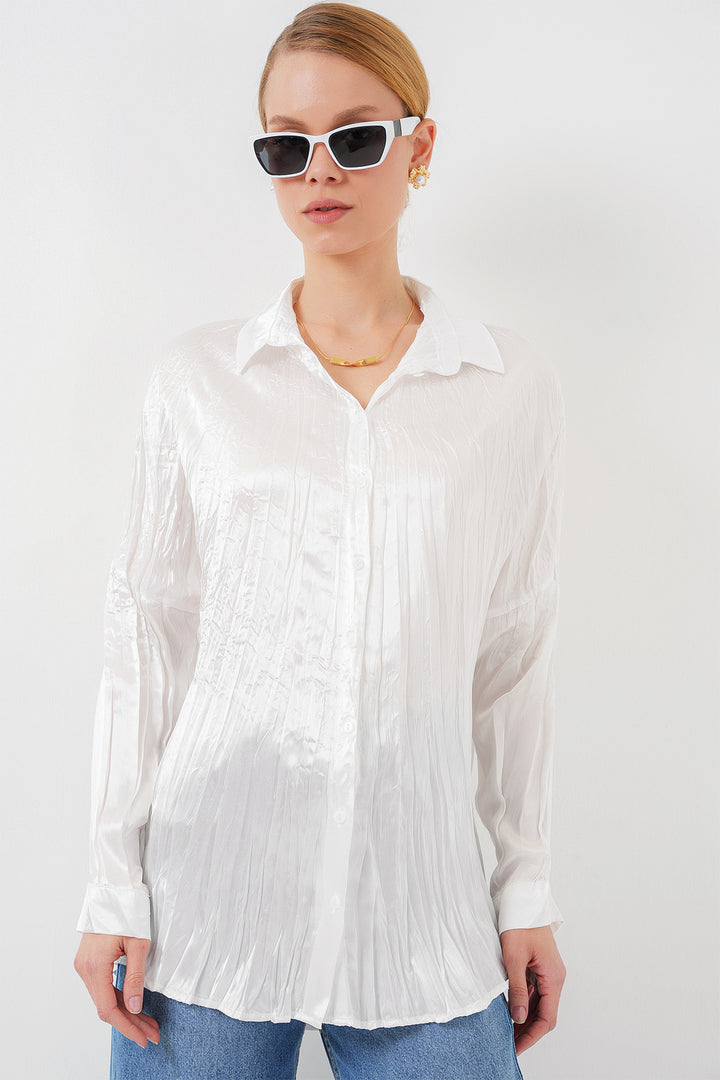 BGD Women Woman Wrinkled Satin Shirt 20316 - White - Toledo