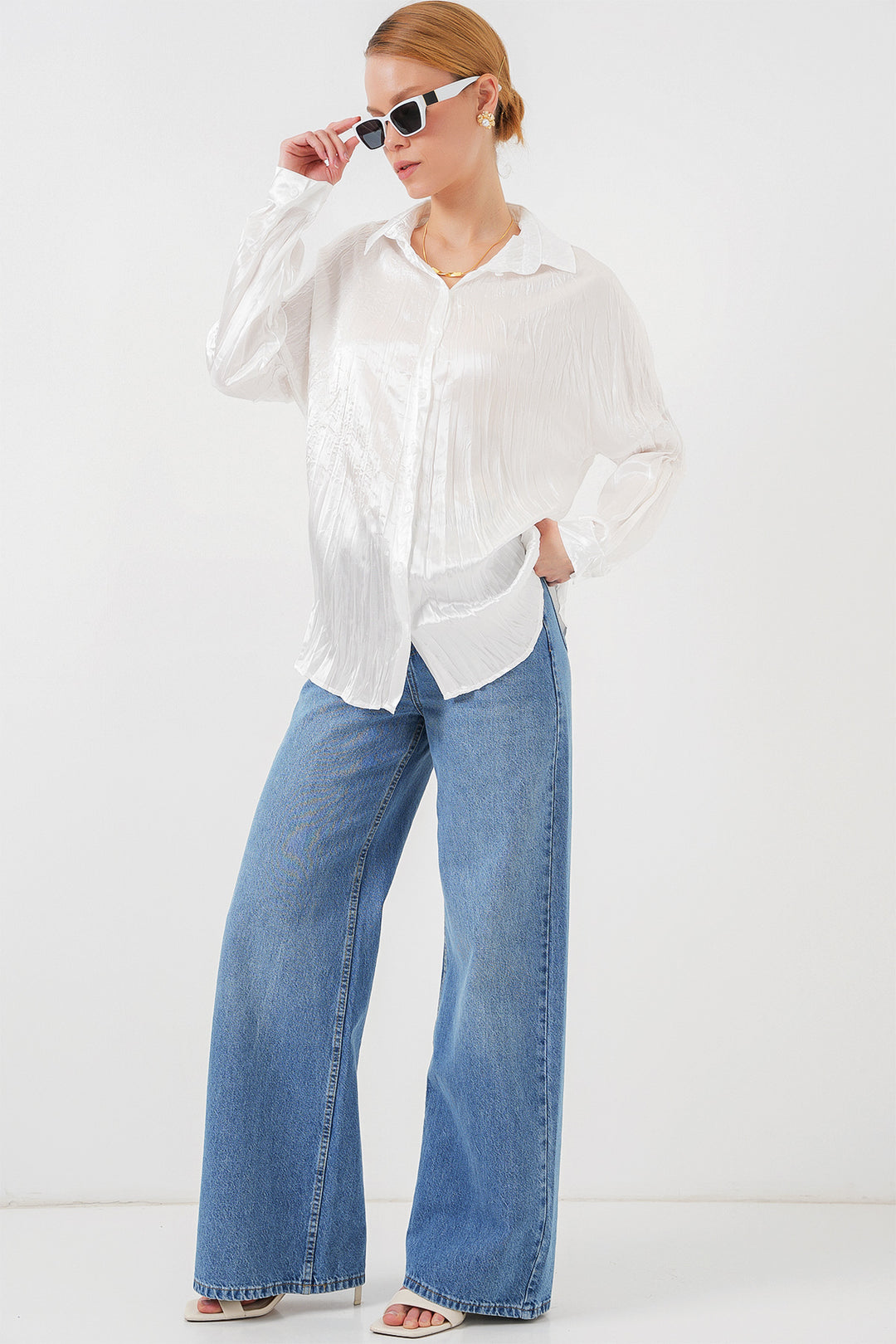 BGD Women Woman Wrinkled Satin Shirt 20316 - White - Toledo