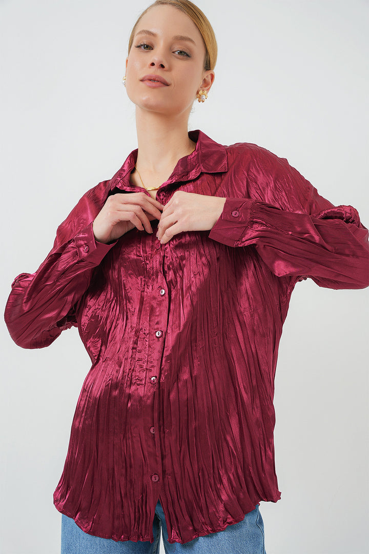 BGD Women Woman Wrinkled Satin Shirt 20316 - Burgundy - Frederick