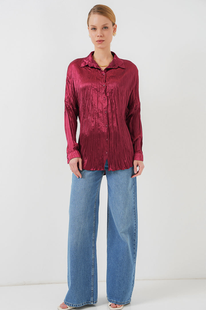 BGD Women Woman Wrinkled Satin Shirt 20316 - Burgundy - Frederick