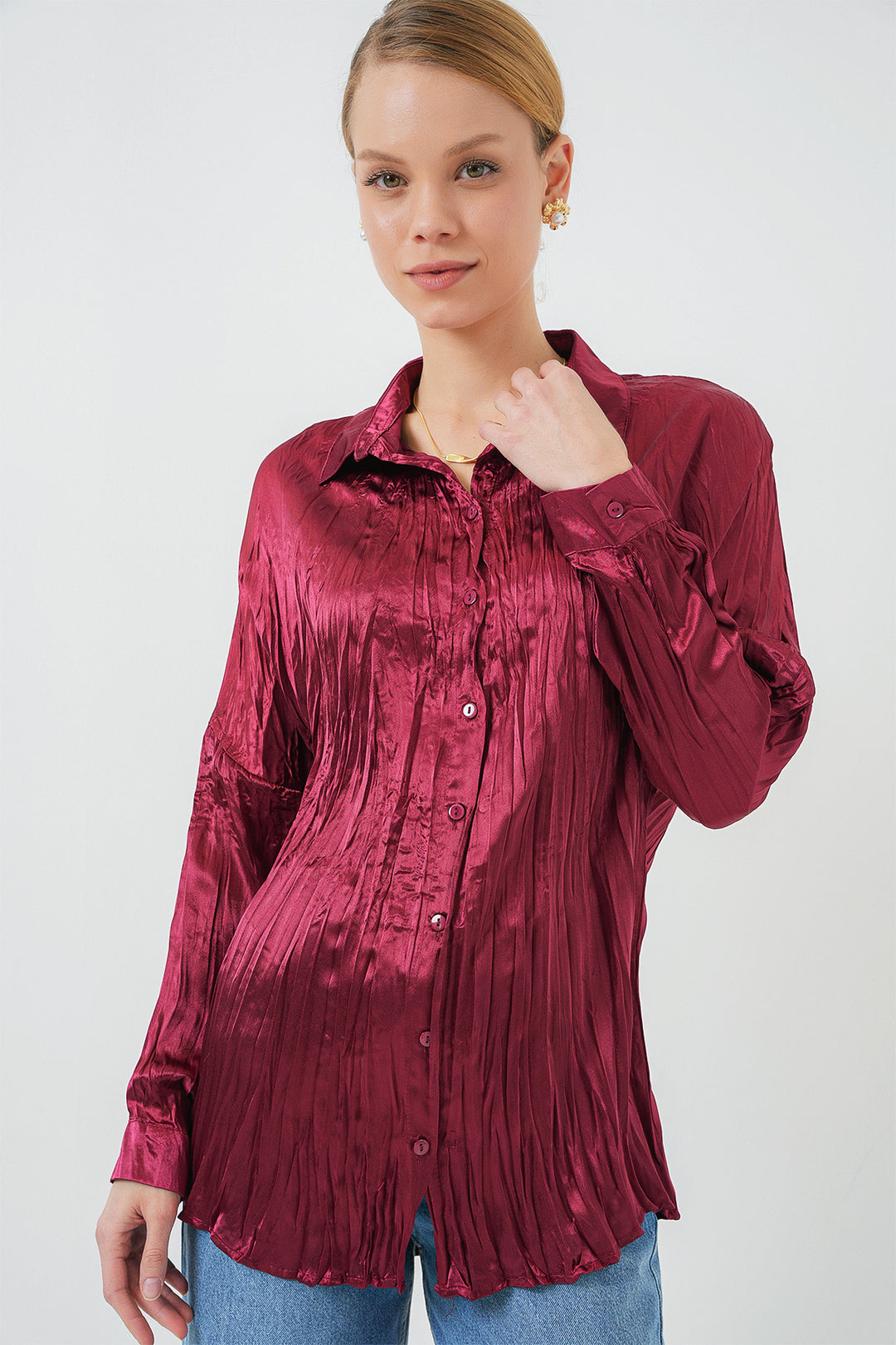 BGD Women Woman Wrinkled Satin Shirt 20316 - Burgundy - Frederick