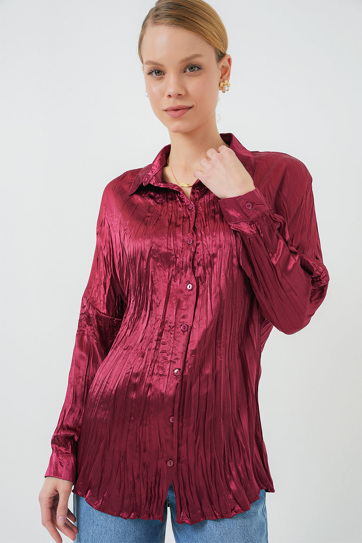 BGD Women Woman Wrinkled Satin Shirt 20316 - Burgundy - Frederick