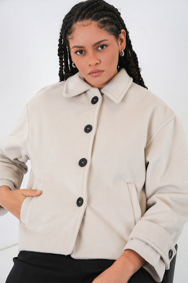 BGD Women Kadın Kısa Kaşe Ceket 0724 - Ekru - Marietta