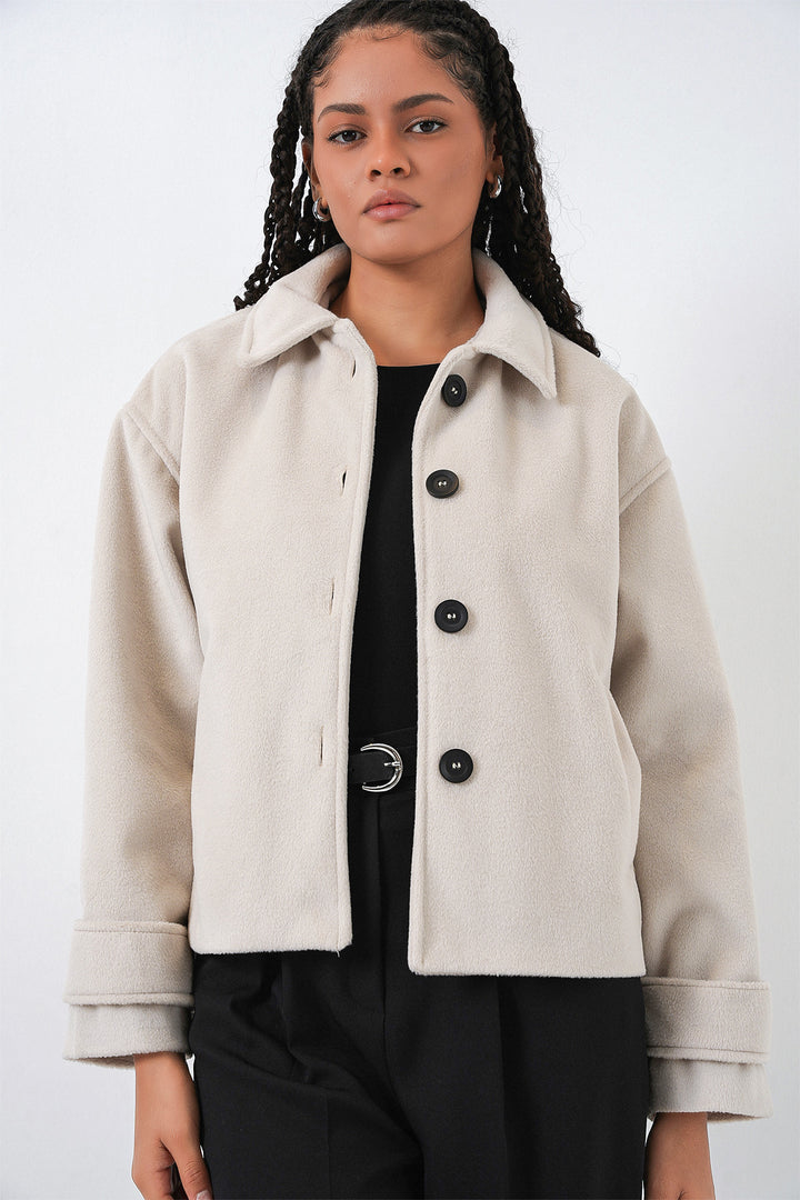 BGD Women Kadın Kısa Kaşe Ceket 0724 - Ekru - Marietta