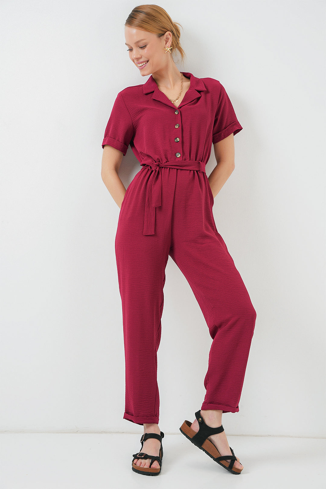 BGD Women Women's Short Sleeve Jumpsuit 7030 - Burgundy - Ashton