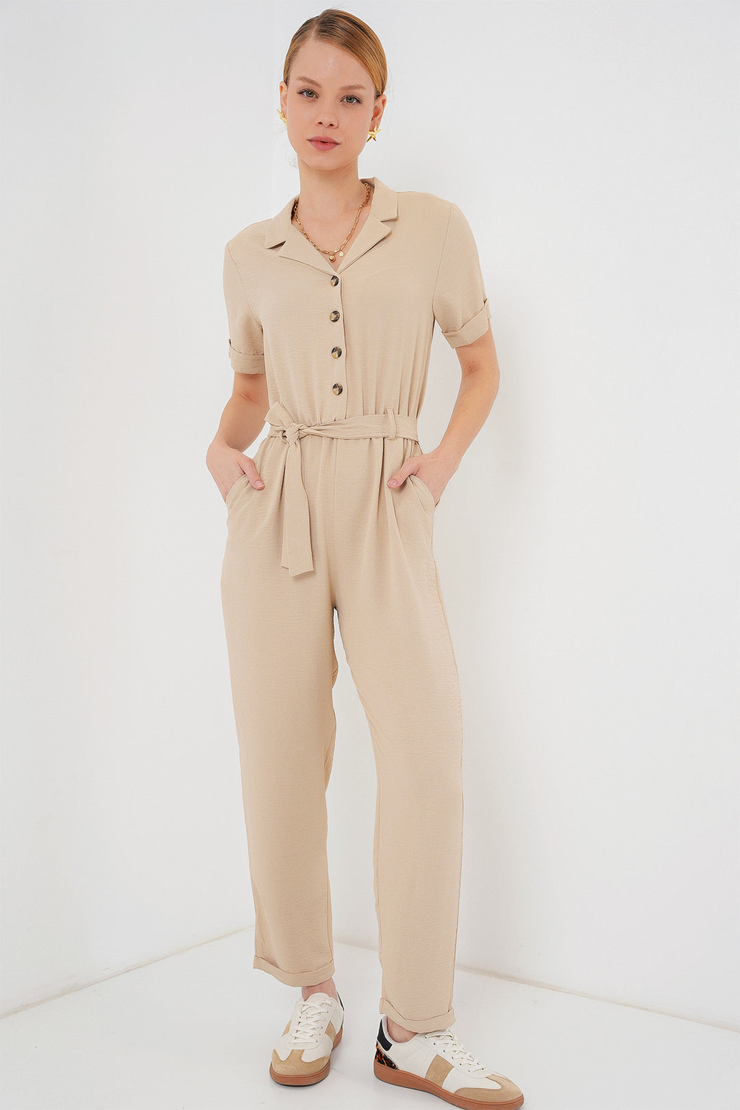 BGD Women Women's Short Sleeve Jumpsuit 7030 - Cream - West Lafayette