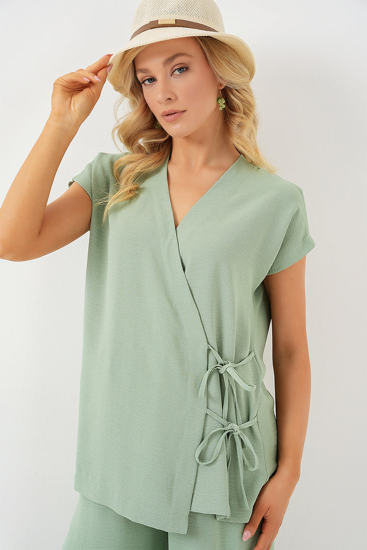 BGD Women Woman Short Sleeve Lace-Up T-Shirt Set 6741 - Dark Green - Timberwood Park